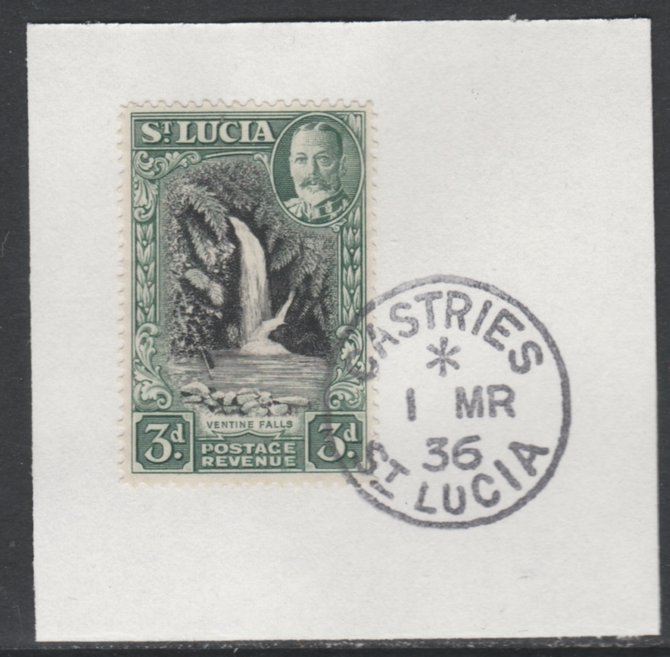 St Lucia 1936 KG5 Pictorial 3d black & dull green SG 118 on piece with full strike of Madame Joseph forged postmark type 359, stamps on , stamps on  kg5 , stamps on waterfalls