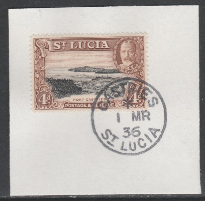 St Lucia 1936 KG5 Pictorial 4d black & red-brown SG 119 on piece with full strike of Madame Joseph forged postmark type 359, stamps on , stamps on  kg5 , stamps on ports