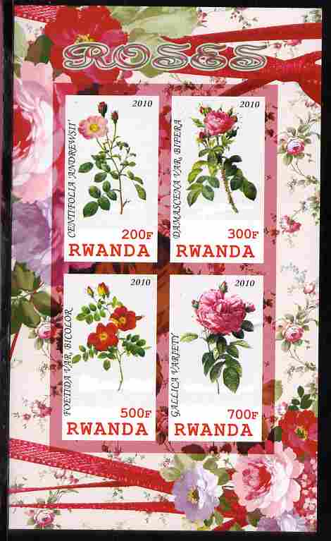 Rwanda 2010 Flowers - Roses imperf sheetlet containing 4 values unmounted mint, stamps on flowers, stamps on roses