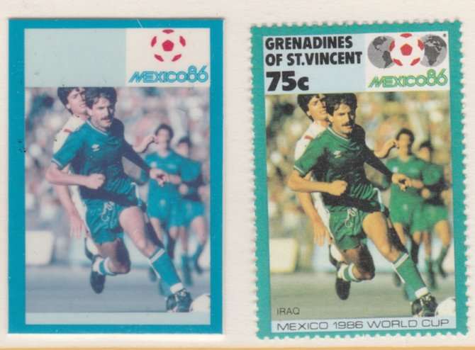 St Vincent - Grenadines 1986 World Cup Football 75c Iraq - imperf Cromalin die proof (plastic card) in magenta & cyan only (plus issued stamp)rare proof item from the For..., stamps on football, stamps on sport