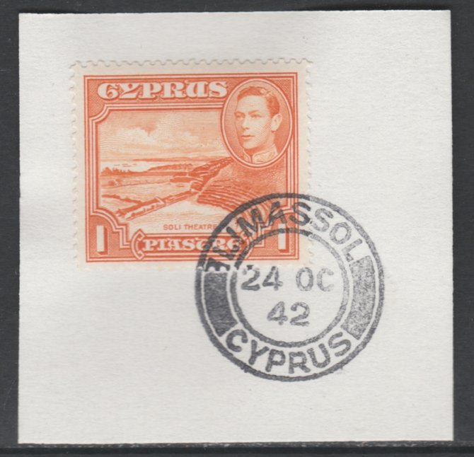 Cyprus 1938-51 KG6 Roman Theatre 1pi orange SG154 on piece with full strike of Madame Joseph forged postmark type 137, stamps on , stamps on  kg6 , stamps on theatres, stamps on ruins