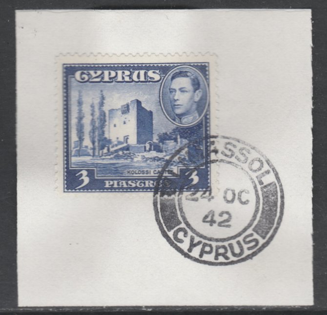 Cyprus 1938-51 KG6 Kolossi Castle 3pi ultramarine  SG 156a on piece with full strike of Madame Joseph forged postmark type 137, stamps on , stamps on  kg6 , stamps on castles