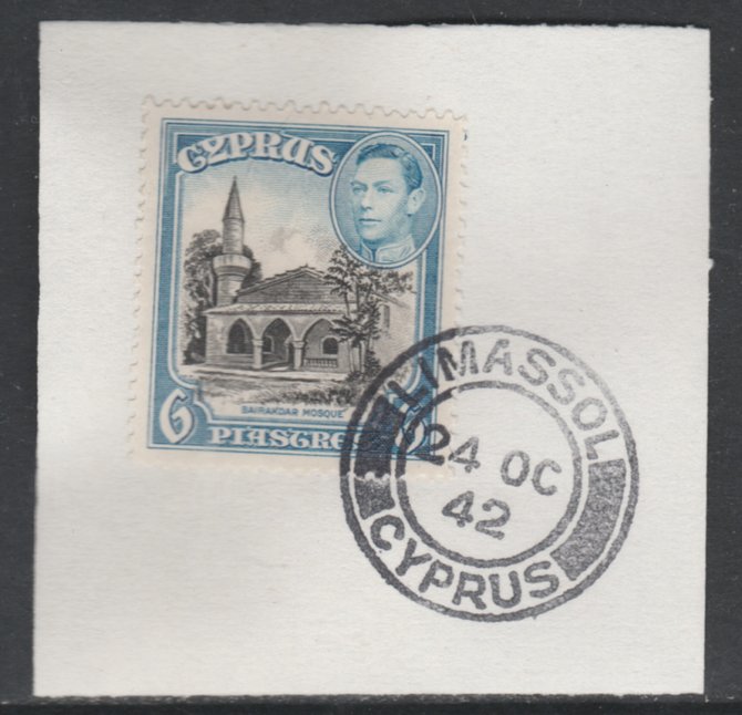 Cyprus 1938-51 KG6 Bayraktar Mosque 6pi black & blue SG 158 on piece with full strike of Madame Joseph forged postmark type 137, stamps on , stamps on  kg6 , stamps on mosques