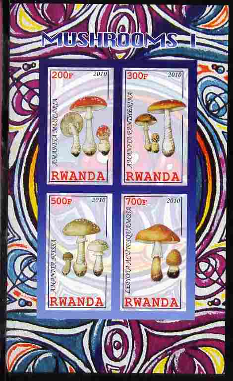 Rwanda 2010 Mushrooms #1 imperf sheetlet containing 4 values unmounted mint, stamps on fungi