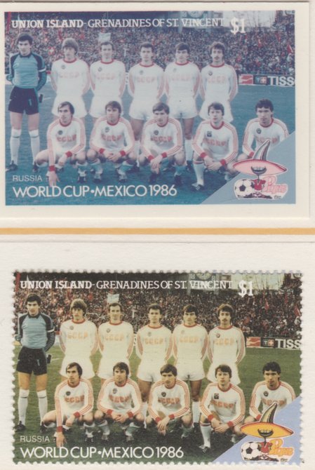 St Vincent - Union Island 1986 World Cup Football $1 Russia Team - imperf Cromalin die proof (plastic card) in magenta & cyan only (plus issued stamp)rare proof item from..., stamps on football, stamps on sport