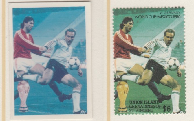 St Vincent - Union Island 1986 World Cup Football $6 West Germany - imperf Cromalin die proof (plastic card) in magenta & cyan only (plus issued stamp)rare proof item fro..., stamps on football, stamps on sport