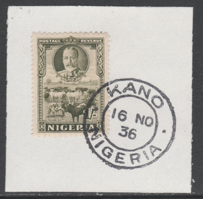 Nigeria 1936 KG5 Pictorial 1s sage green, SG 41 on piece with full strike of Madame Joseph forged postmark type 302, stamps on , stamps on  kg5 , stamps on 