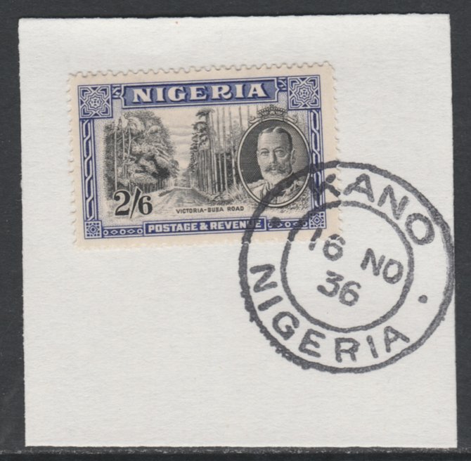 Nigeria 1936 KG5 Pictorial 2s6d black & ultramarine, SG 42 on piece with full strike of Madame Joseph forged postmark type 302, stamps on , stamps on  kg5 , stamps on 