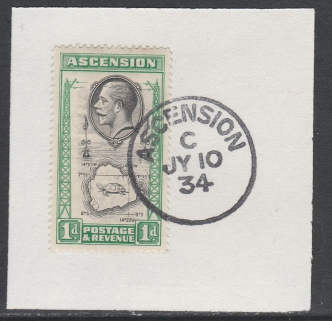 Ascension 1934 KG5 Pictorial 1d Map SG 22 on piece with full strike of Madame Joseph forged postmark type 21, stamps on , stamps on  kg5 , stamps on maps