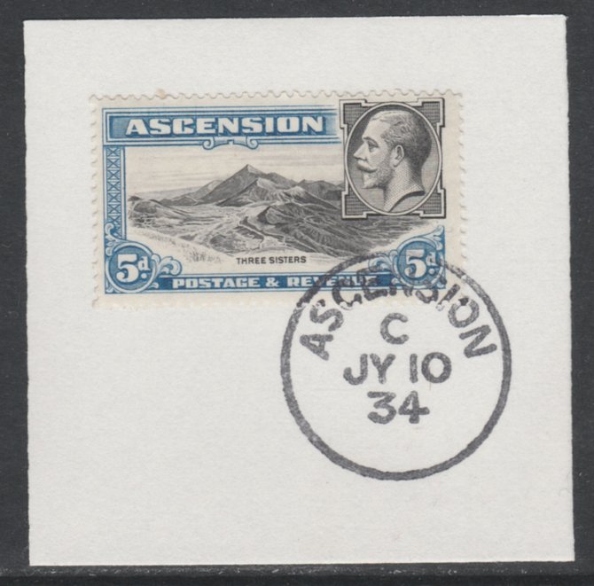 Ascension 1934 KG5 Pictorial 5d Three Sisters SG 26 on piece with full strike of Madame Joseph forged postmark type 21, stamps on , stamps on  kg5 , stamps on mountains