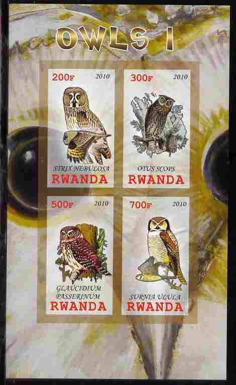 Rwanda 2010 Owls #1 imperf sheetlet containing 4 values unmounted mint, stamps on birds, stamps on birds of prey, stamps on owls