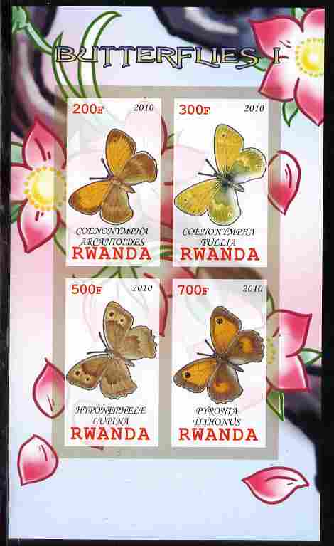 Rwanda 2010 Butterflies #1 imperf sheetlet containing 4 values unmounted mint, stamps on butterflies
