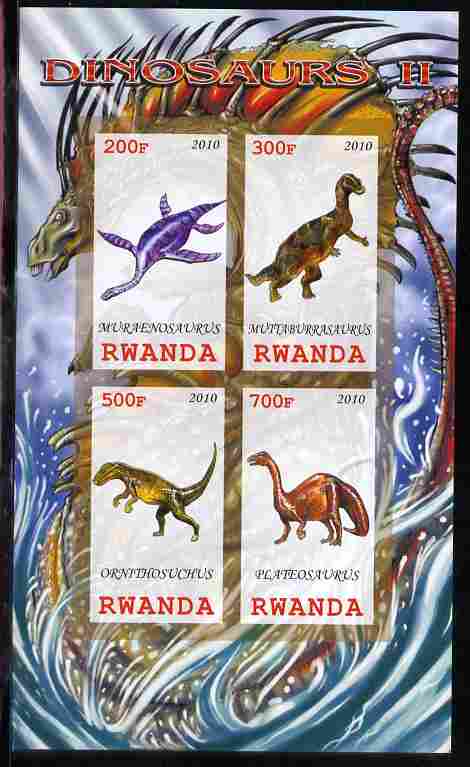 Rwanda 2010 Dinosaurs #2 imperf sheetlet containing 4 values unmounted mint, stamps on dinosaurs