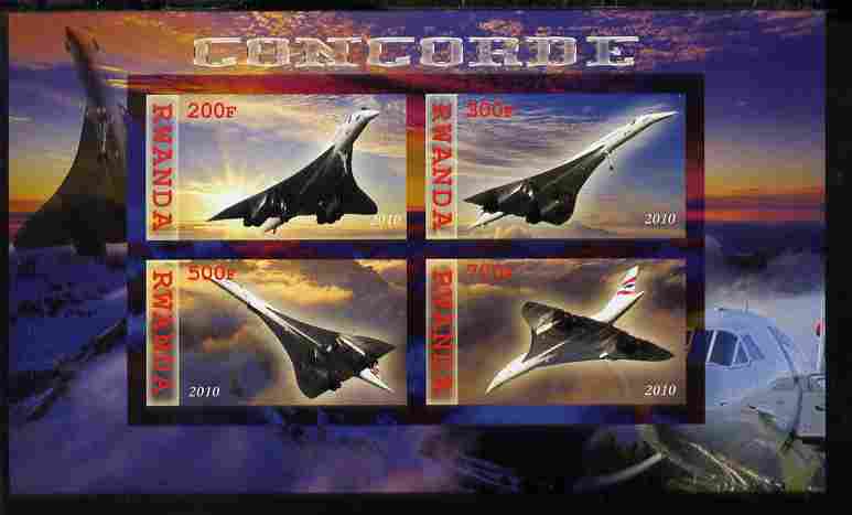 Rwanda 2010 Concorde imperf sheetlet containing 4 values unmounted mint, stamps on aviation, stamps on concorde