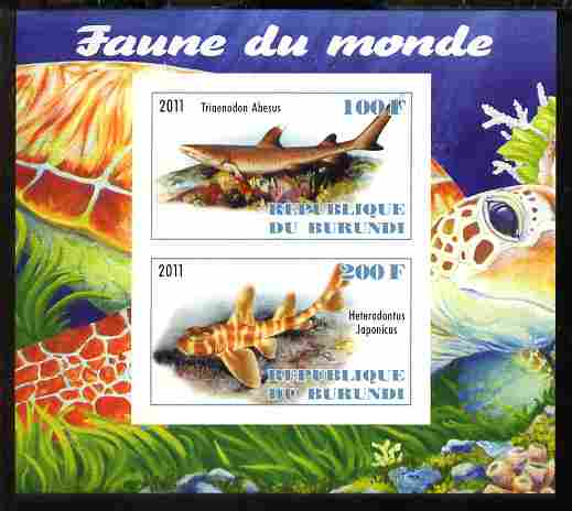 Burundi 2011 Fauna of the World - Sharks #1 imperf sheetlet containing 2 values unmounted mint, stamps on fish, stamps on sharks