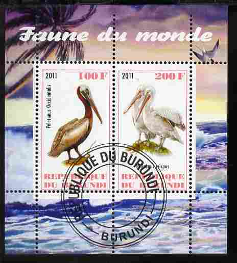 Burundi 2011 Fauna of the World - Pelicans perf sheetlet containing 2 values fine cto used, stamps on birds, stamps on pelicans