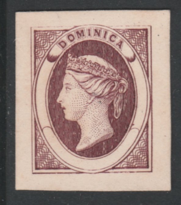 Dominica 1870 Bogus Die Proof in claret imperf on thin card produced by the Boston Gang. Described in full in Toegs handbook on pages 27-28, a copy of which is included, stamps on 