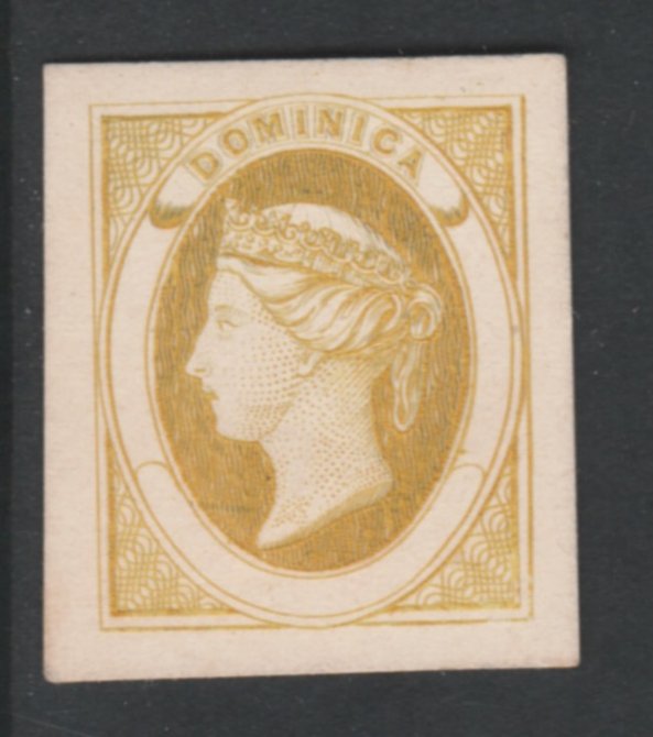 Dominica 1870 Bogus Die Proof in ochre imperf on thin card produced by the Boston Gang. Described in full in Toegs handbook on pages 27-28, a copy of which is included, stamps on 