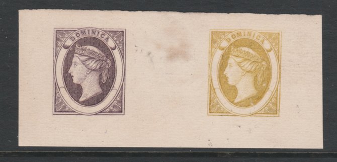 Dominica 1870 Bogus Die Proofs in violet & ochre imperf on thin card produced by the Boston Gang, similar to the piece illustrated in Toegs handbook on pages 27-28, a cop..., stamps on 
