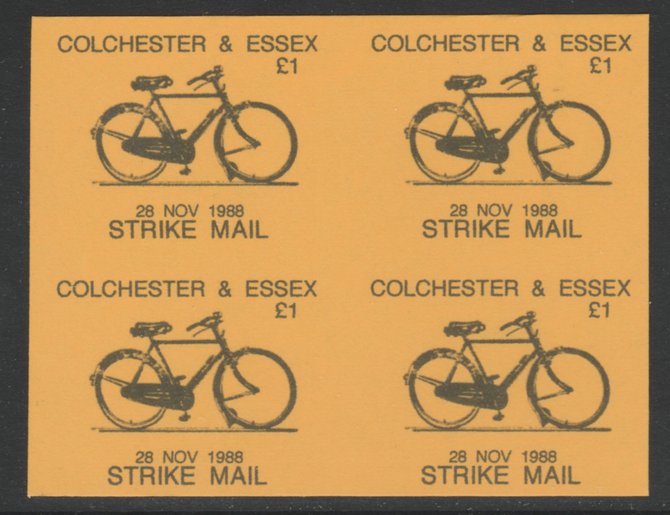 Cinderella - Great Britain 1988 Colchester & Essex \A31 Strike Mail label black on yellow showing Bicycle and dated 28 Nov 1988 imperf proof block of 4 on ungummed paper, stamps on cinderella, stamps on bicycles, stamps on strike