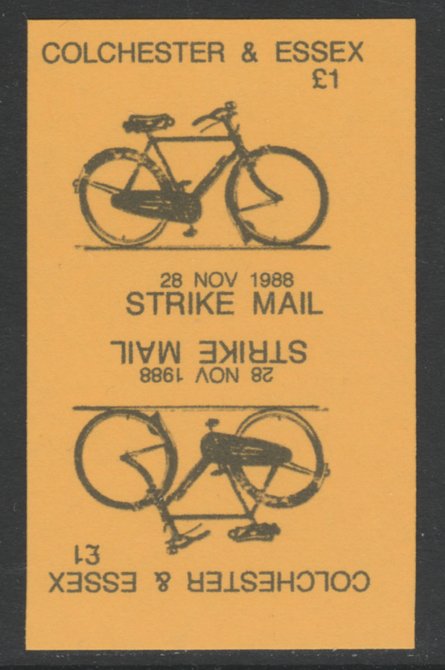Cinderella - Great Britain 1988 Colchester & Essex \A31 Strike Mail label black on yellow showing Bicycle and dated 28 Nov 1988 imperf tete-beche proof pair on ungummed p..., stamps on cinderella, stamps on bicycles, stamps on strike
