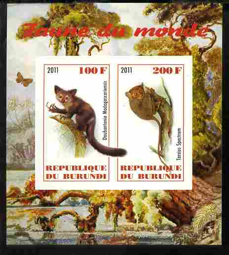 Burundi 2011 Fauna of the World - Lemurs imperf sheetlet containing 2 values unmounted mint, stamps on animals, stamps on primates, stamps on lemurs, stamps on apes