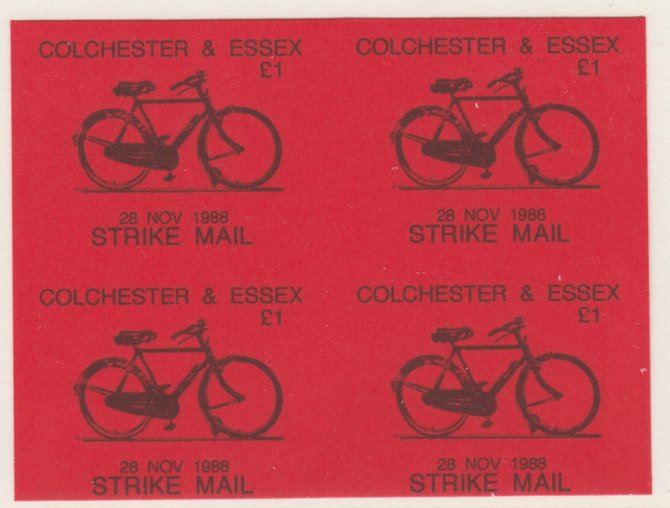 Cinderella - Great Britain 1988 Colchester & Essex \A31 Strike Mail label black on red showing Bicycle and dated 28 Nov 1988 imperf proof block of 4 on ungummed paper, stamps on cinderella, stamps on bicycles, stamps on strike