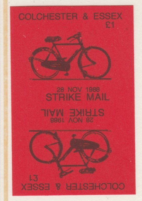 Cinderella - Great Britain 1988 Colchester & Essex \A31 Strike Mail label black on red showing Bicycle and dated 28 Nov 1988 imperf tete-beche proof pair on ungummed pape..., stamps on cinderella, stamps on bicycles, stamps on strike