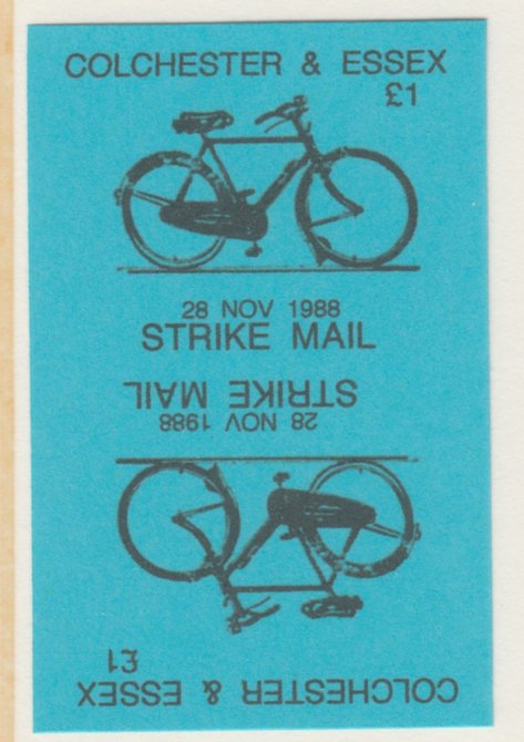 Cinderella - Great Britain 1988 Colchester & Essex \A31 Strike Mail label black on blue showing Bicycle and dated 28 Nov 1988 imperf tete-beche proof pair on ungummed paper, stamps on cinderella, stamps on bicycles, stamps on strike