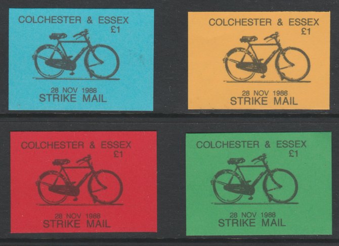 Cinderella - Great Britain 1988 Colchester & Essex £1 Strike Mail - 4 imperf labels in red, blue, yellow & green on ungummed paper, showing Bicycle and dated 28 Nov 1988..., stamps on cinderella, stamps on bicycles, stamps on strike