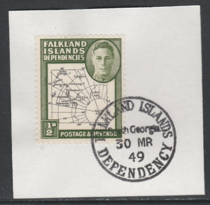 Falkland Islands Dependencies 1946-49 KG6 Thick Maps 1/2d on piece with full strike of Madame Joseph forged postmark type 158, SG G1, stamps on , stamps on  kg6 , stamps on maps  