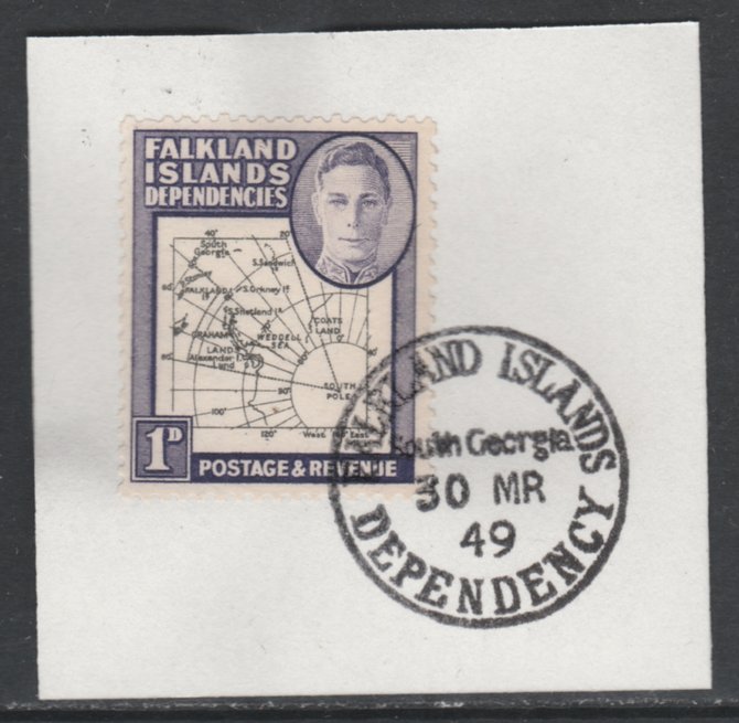 Falkland Islands Dependencies 1946-49 KG6 Thick Maps 1d on piece with full strike of Madame Joseph forged postmark type 158, SG G2, stamps on , stamps on  stamps on , stamps on  stamps on  kg6 , stamps on  stamps on maps  