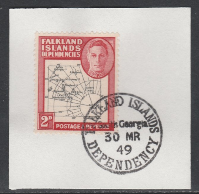 Falkland Islands Dependencies 1946-49 KG6 Thick Maps 2d on piece with full strike of Madame Joseph forged postmark type 158, SG G3, stamps on , stamps on  kg6 , stamps on maps  