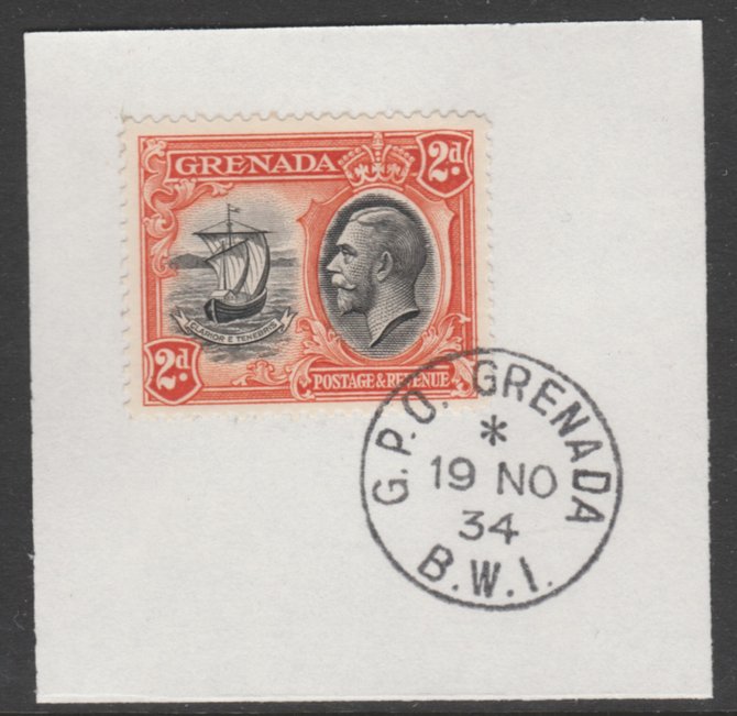 Grenada 1934-36 KG5 Pictorial 2d black & orange (SG 138) on piece with full strike of Madame Joseph forged postmark type 201, stamps on , stamps on  kg5 , stamps on badge, stamps on 