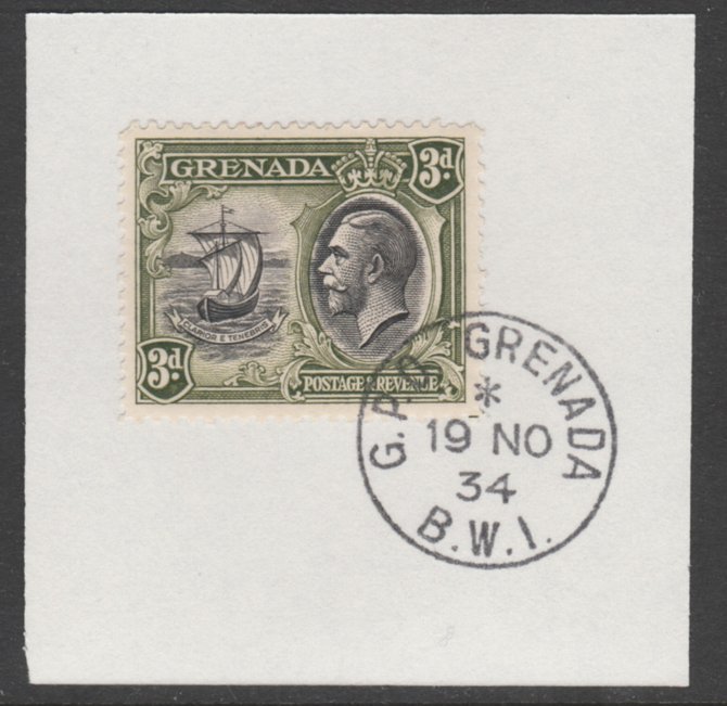 Grenada 1934-36 KG5 Pictorial 3d black & olive-green (SG 140)on piece with full strike of Madame Joseph forged postmark type 201, stamps on , stamps on  kg5 , stamps on badge, stamps on 