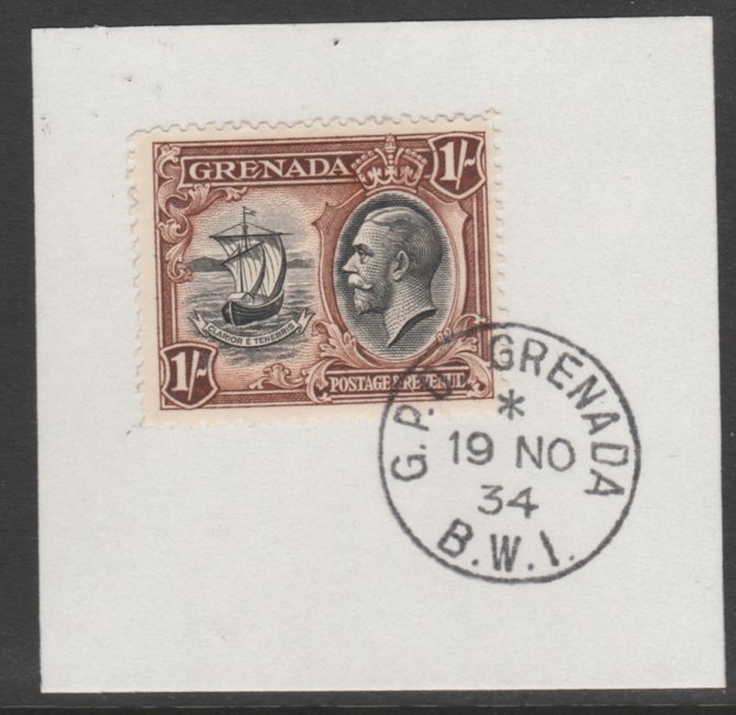 Grenada 1934-36 KG5 Pictorial 1s black & brown (SG 142) on piece with full strike of Madame Joseph forged postmark type 201, stamps on , stamps on  kg5 , stamps on badge, stamps on 