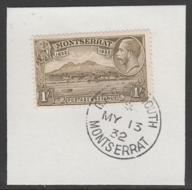 Montserrat 1932 KG5 Pictorial 1s olive-brown (SG 91) on piece with full strike of Madame Joseph forged postmark type 258, stamps on , stamps on  kg5 , stamps on 