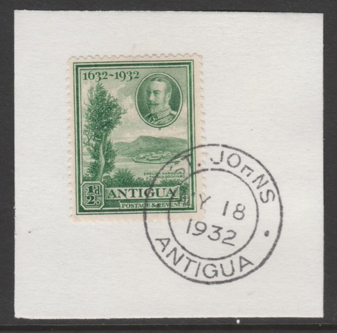 Antigua 1932 KG5 Tercentenary 1/2d green SG 81 on piece with full strike of Madame Joseph forged postmark type 14, stamps on , stamps on  kg5 , stamps on ports, stamps on harbours