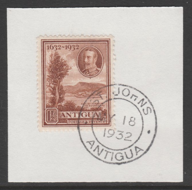 Antigua 1932 KG5 Tercentenary 1.5d brown SG 83 on piece with full strike of Madame Joseph forged postmark type 14, stamps on , stamps on  kg5 , stamps on ports, stamps on harbours