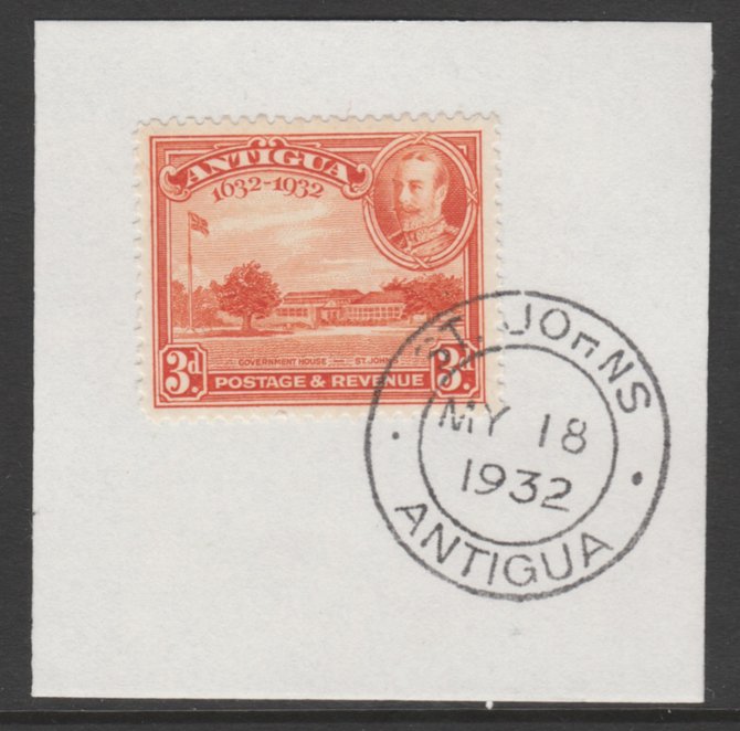 Antigua 1932 KG5 Tercentenary 3d orange SG 86 on piece with full strike of Madame Joseph forged postmark type 14, stamps on , stamps on  kg5 , stamps on 
