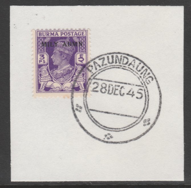 Burma 1945 Mily Admin opt on KG6 3p bright violet SG 36 on piece with full strike of Madame Joseph forged postmark type 106, stamps on , stamps on  stamps on , stamps on  stamps on  kg6 , stamps on  stamps on 