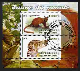 Burundi 2011 Fauna of the World - Wild Cats #1 perf sheetlet containing 2 values fine cto used, stamps on animals, stamps on cats