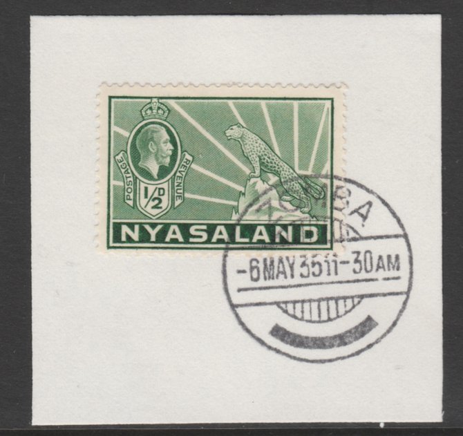 Nyasaland 1934-35 KG5 Leopard Symbol 1/2d green SG 114 on piece with full strike of Madame Joseph forged postmark type 314, stamps on , stamps on  kg5 , stamps on arms, stamps on leopard, stamps on cats