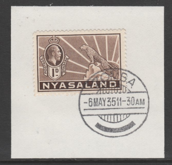 Nyasaland 1934-35 KG5 Leopard Symbol 1d brown SG 115 on piece with full strike of Madame Joseph forged postmark type 314, stamps on , stamps on  kg5 , stamps on arms, stamps on leopard, stamps on cats