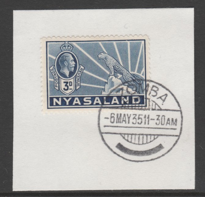 Nyasaland 1934-35 KG5 Leopard Symbol 3d blue SG 118 on piece with full strike of Madame Joseph forged postmark type 314, stamps on , stamps on  kg5 , stamps on arms, stamps on leopard, stamps on cats