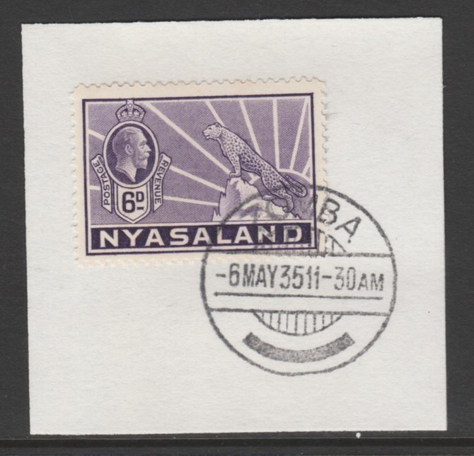 Nyasaland 1934-35 KG5 Leopard Symbol 6d violet SG 120 on piece with full strike of Madame Joseph forged postmark type 314, stamps on , stamps on  kg5 , stamps on arms, stamps on leopard, stamps on cats