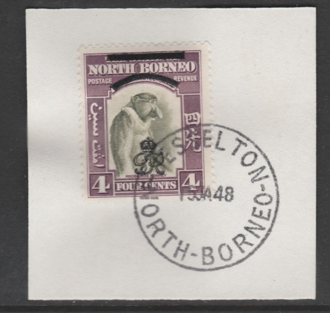 North Borneo 1947 KG6 Crown Colony 4c SG 338 on piece with full strike of Madame Joseph forged postmark type 311, stamps on animals, stamps on apes