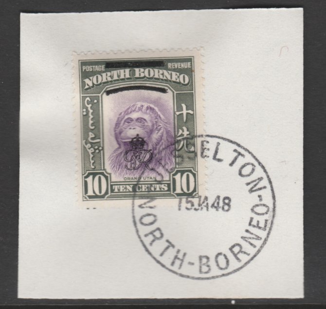 North Borneo 1947 KG6 Crown Colony 10c SG 341 on piece with full strike of Madame Joseph forged postmark type 311, stamps on animals, stamps on apes