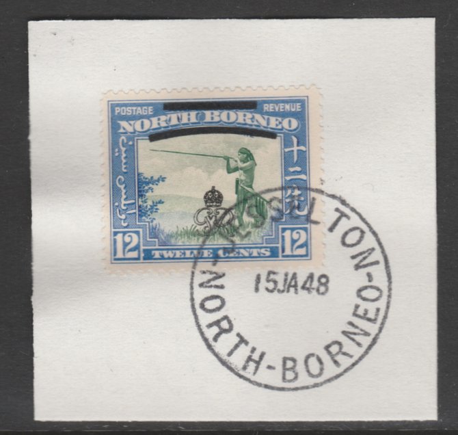 North Borneo 1947 KG6 Crown Colony 12c SG 342 on piece with full strike of Madame Joseph forged postmark type 311, stamps on animals, stamps on apes