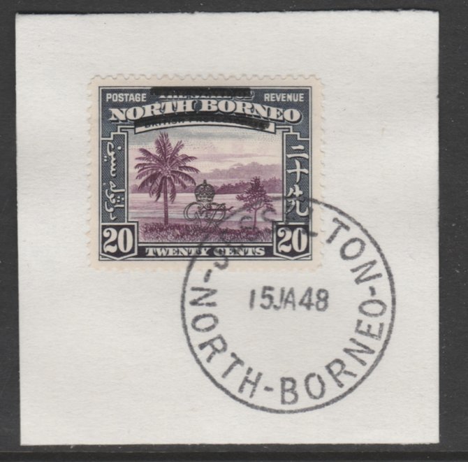 North Borneo 1947 KG6 Crown Colony 20c SG 344 on piece with full strike of Madame Joseph forged postmark type 311, stamps on animals, stamps on apes